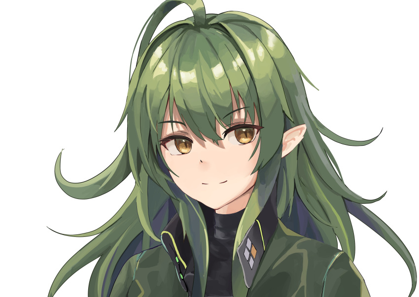 1girl absurdres antenna_hair arknights bangs black_gloves black_shirt commentary eyebrows_visible_through_hair gavial_(arknights) gavial_(combat_medic)_(arknights) gloves green_hair green_jacket hair_between_eyes highres jacket long_hair looking_away looking_to_the_side nighttsound official_alternate_costume pointy_ears popped_collar portrait shirt sidelocks simple_background smile solo turtleneck white_background yellow_eyes