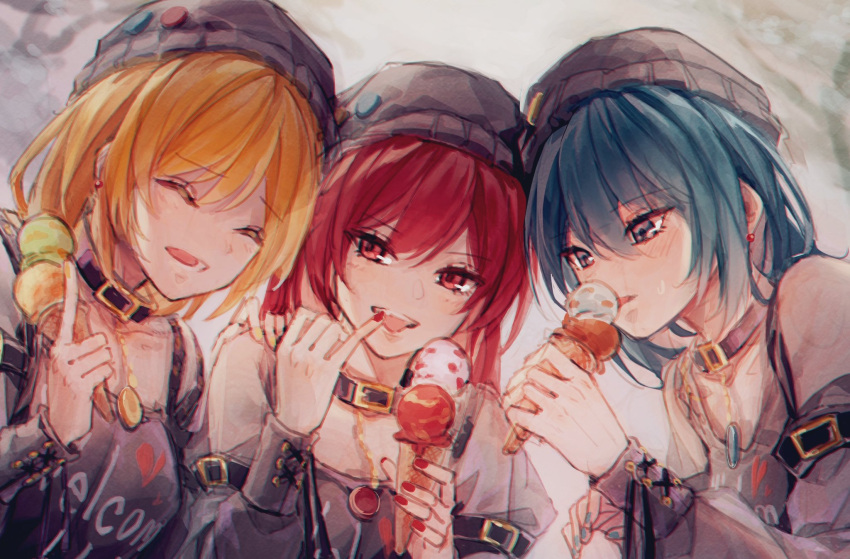3girls :p ^_^ adapted_costume arm_belt bangs bare_shoulders beanie belt_collar blonde_hair blue_eyes blue_hair breasts closed_eyes clothes_writing collar contemporary cross-laced_clothes dutch_angle earrings eyebrows_visible_through_hair finger_licking food from_below grey_headwear grey_shirt hair_between_eyes hand_up hat heart hecatia_lapislazuli hecatia_lapislazuli_(earth) hecatia_lapislazuli_(moon) highres holding holding_food ice_cream index_finger_raised jewelry licking light_blush looking_at_another medium_breasts medium_hair multiple_girls nail_polish off-shoulder_shirt off_shoulder open_mouth pinky_out red_eyes red_nails redhead shirt shometsu-kei_no_teruru short_sleeves smile tongue tongue_out touhou upper_body |d