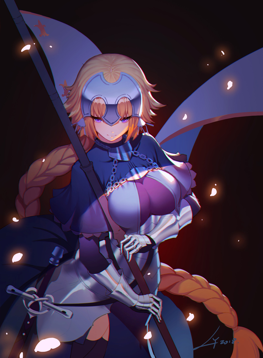 1girl armor blonde_hair blue_eyes braid breasts chain fate/grand_order fate_(series) gauntlets headpiece highres jeanne_d'arc_(fate) jeanne_d'arc_(fate)_(all) large_breasts lian_yao long_braid long_hair solo_focus sword very_long_hair weapon