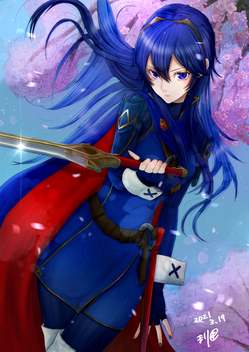 1girl absurdres belt blue_hair blue_legwear blue_nails blue_shirt boots cherry_blossoms crown eva02asuka0608 falchion_(fire_emblem) fingerless_gloves fire_emblem gloves highres long_hair looking_at_viewer lucina_(fire_emblem) sheath shirt sword thigh-highs thigh_boots weapon