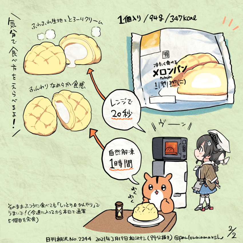 +_+ 1girl 7-eleven bandana black_hair blue_skirt bread commentary_request cream dated food hair_flaps hamster highres hourglass jingei_(kancolle) kantai_collection kirisawa_juuzou long_hair low_ponytail melon_bread microwave non-human_admiral_(kancolle) numbered red_eyes refrigerator shawl skirt traditional_media translation_request twitter_username
