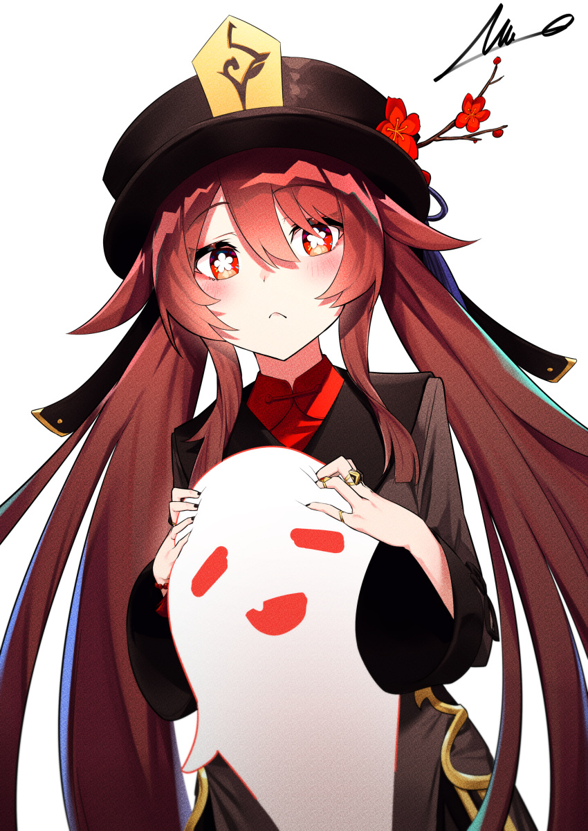 1girl absurdres black_nails blush brown_hair chinese_clothes closed_eyes fang fingers genshin_impact ghost hair_between_eyes half-closed_eyes hat highres hu_tao huge_filesize jewelry long_hair long_sleeves looking_at_viewer nail_polish open_mouth overlord_(overlord80000) red_eyes ring smile solo symbol-shaped_pupils twintails very_long_hair wide_sleeves
