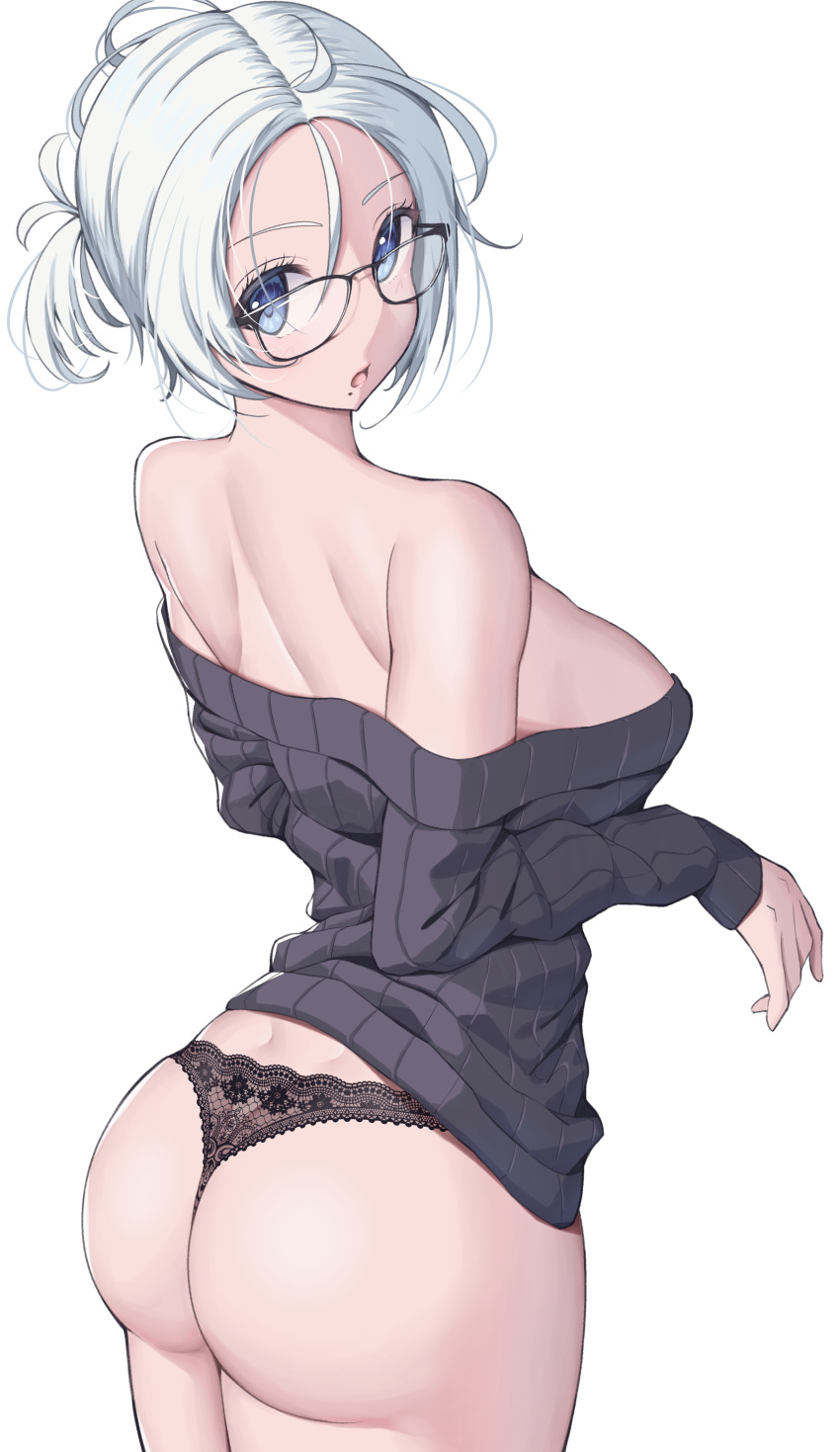 1girl absurdres ass back bangs bare_shoulders black_panties black_sweater blue_eyes blush breasts cowboy_shot dimples_of_venus from_behind glasses highres himeliofon lace lace_panties lingerie looking_at_viewer looking_back medium_breasts mole mole_under_mouth no_pants off-shoulder_sweater off_shoulder open_mouth original panties parted_bangs rectangular_eyewear ribbed_sweater short_hair shoulder_blades simple_background solo standing sweater thong underwear white_hair