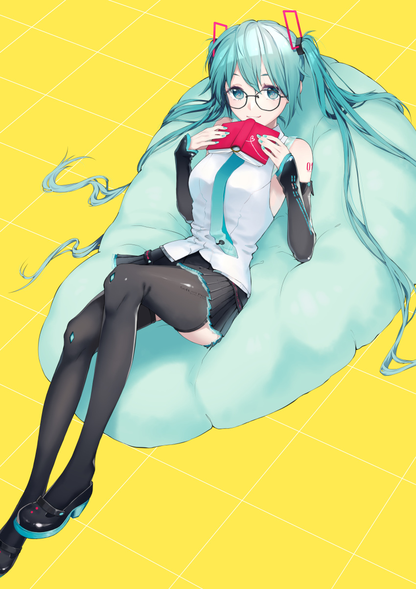 1girl absurdres bangs black-framed_eyewear black_footwear black_legwear black_skirt black_sleeves blue_eyes blue_hair blue_neckwear closed_mouth detached_sleeves dress_shirt feet_out_of_frame glasses hair_between_eyes hatsune_miku highres holding loafers long_hair long_sleeves looking_at_viewer lying miniskirt necktie on_back pleated_skirt shiny shiny_hair shirt shoes skirt sleeveless sleeveless_shirt smile solo ssu0601 thigh-highs twintails very_long_hair vocaloid white_shirt yellow_background zettai_ryouiki