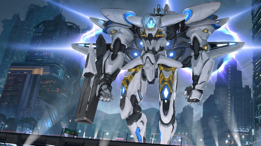 arm_cannon blue_eyes city clenched_hands commission english_commentary ex-trident giant highres looking_up mecha no_humans original science_fiction searchlight solo walking weapon