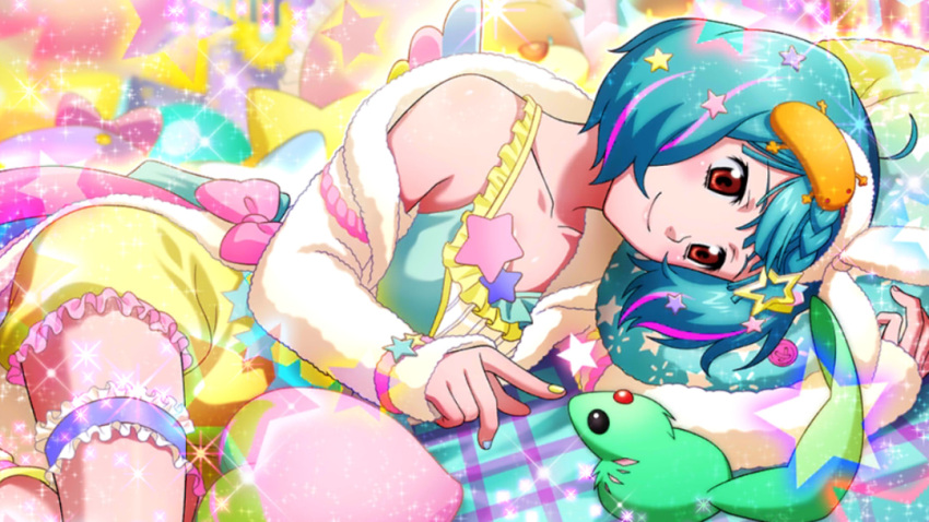 1girl ai-kun blue_nails braid collarbone crown_braid game_cg green_hair hair_ornament leg_garter lying macross macross_frontier multicolored multicolored_hair multicolored_nails nail_polish official_art on_side oosanshouuo-san pajamas pink_hair ranka_lee red_eyes short_hair smile star_(symbol) star_hair_ornament streaked_hair uta_macross_sumaho_deculture yellow_nails