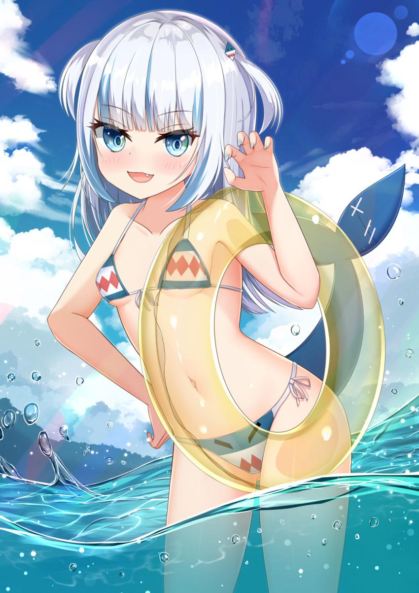 1girl :d aqua_eyes bangs bare_shoulders beach bikini blue_nails blunt_bangs blush breasts claw_pose clouds cloudy_sky collarbone commentary_request cowboy_shot day dutch_angle eyebrows_visible_through_hair fang fish_tail from_below gawr_gura hair_ornament hand_on_hip hand_up highres hololive hololive_english horizon innertube leaning_forward lens_flare long_hair looking_at_viewer multicolored_hair nail_polish navel nc731 open_mouth outdoors shark_hair_ornament shark_tail silver_hair sky small_breasts smile solo stomach streaked_hair swimsuit swimwear tail two_side_up virtual_youtuber water