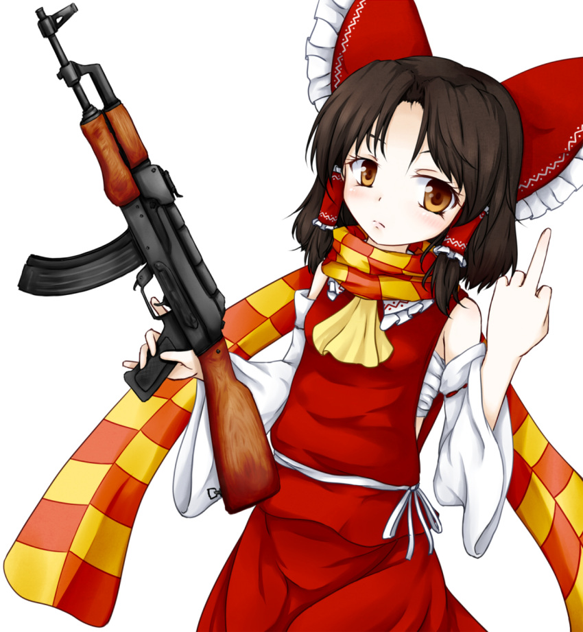 1girl ak-47 ascot assault_rifle bangs benikurage_(cookie) blush bow brown_eyes brown_hair closed_mouth commentary_request cookie_(touhou) cowboy_shot detached_sleeves frilled_bow frilled_hair_tubes frilled_shirt_collar frills gun hair_bow hair_tubes hakurei_reimu highres holding holding_gun holding_weapon looking_at_viewer middle_finger neko_mata orange_scarf parted_bangs red_bow red_shirt red_skirt ribbon-trimmed_sleeves ribbon_trim rifle sarashi scarf shirt short_hair simple_background skirt skirt_set sleeveless sleeveless_shirt solo striped striped_scarf touhou weapon white_background white_sleeves yellow_neckwear yellow_scarf