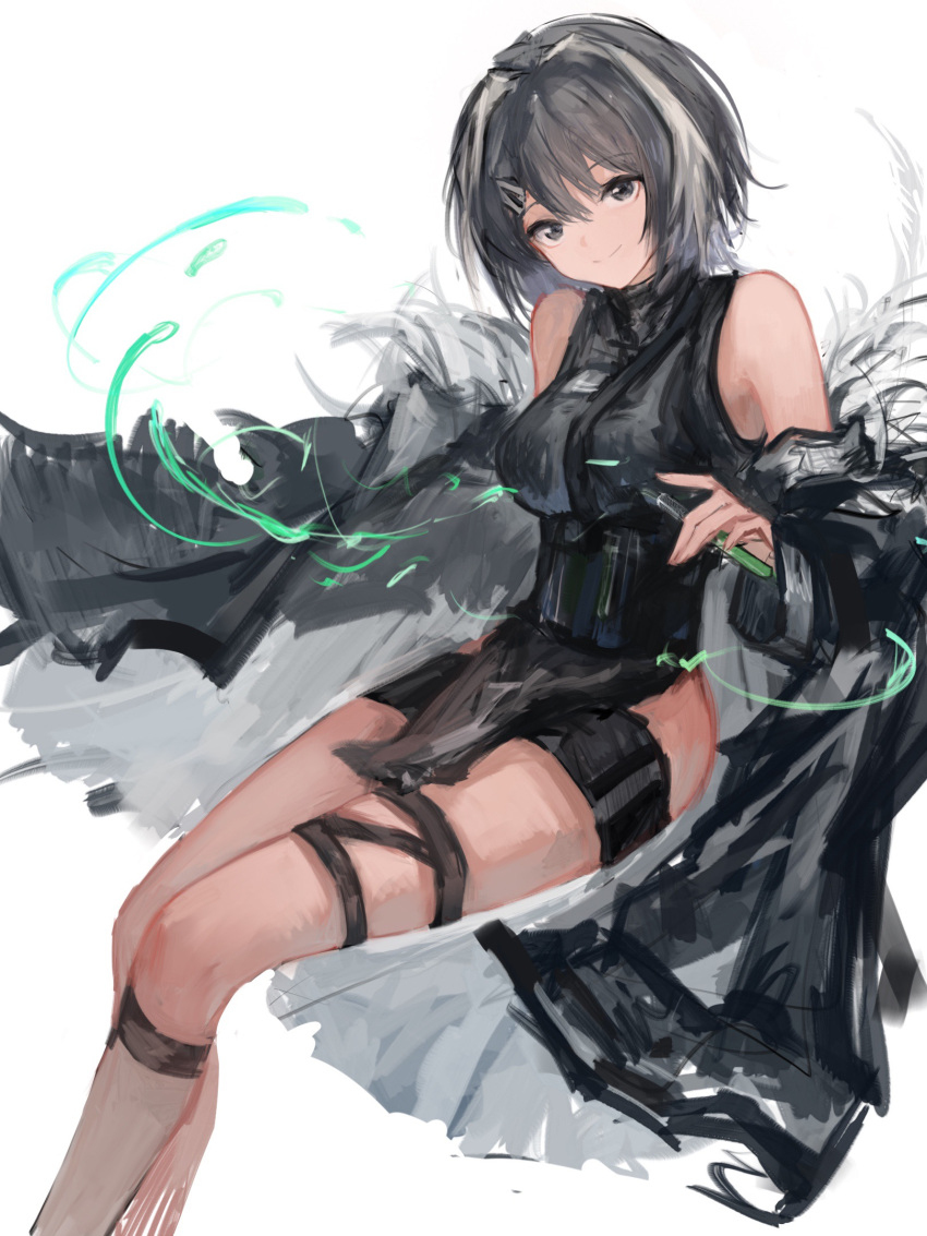 1girl arknights bangs bare_shoulders black_coat black_eyes black_hair black_shorts breasts chinese_commentary closed_mouth coat commentary_request eyebrows_visible_through_hair feet_out_of_frame hair_ornament hairclip highres holding invisible_chair la_pluma_(arknights) long_sleeves looking_at_viewer medium_breasts multicolored_hair naijiaer open_clothes open_coat short_hair short_shorts shorts sitting smile solo streaked_hair test_tube thigh_strap two-tone_hair white_hair