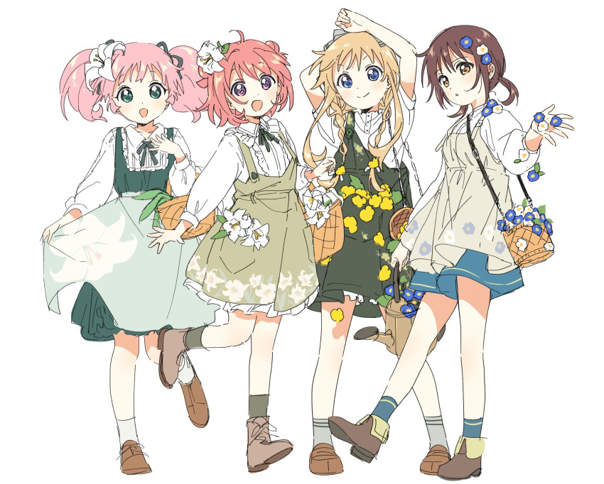 4girls basket blonde_hair blue_dress blue_eyes brown_hair character_request double_bun dress flower full_body green_dress green_neckwear hair_flower hair_ornament highres long_hair looking_at_viewer multiple_girls namori neck_ribbon open_mouth parted_lips redhead ribbon short_hair simple_background smile standing twintails violet_eyes white_background yellow_eyes yuru_yuri
