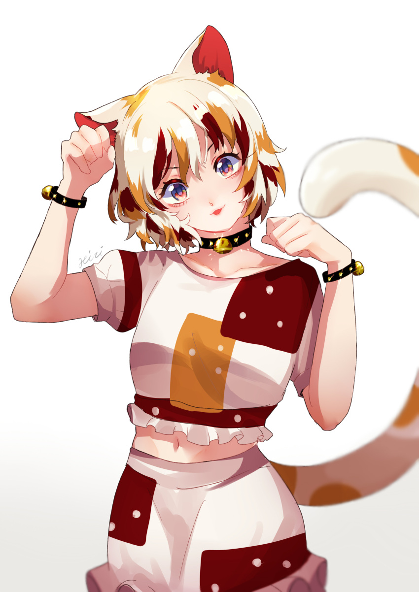 1girl :p absurdres animal_ears bangs bell blurry breasts cat_ears cat_tail collarbone commentary_request cowboy_shot crop_top depth_of_field glint hands_up head_tilt highres himari-san_yanaika looking_at_viewer medium_breasts midriff multicolored_hair navel neck_bell paw_pose pink_eyes puffy_short_sleeves puffy_sleeves shirt short_hair short_sleeves signature silver_hair simple_background skirt solo standing streaked_hair tail tongue tongue_out touhou unconnected_marketeers unnamed_cat_girl_(touhou) white_background white_shirt white_skirt wristband