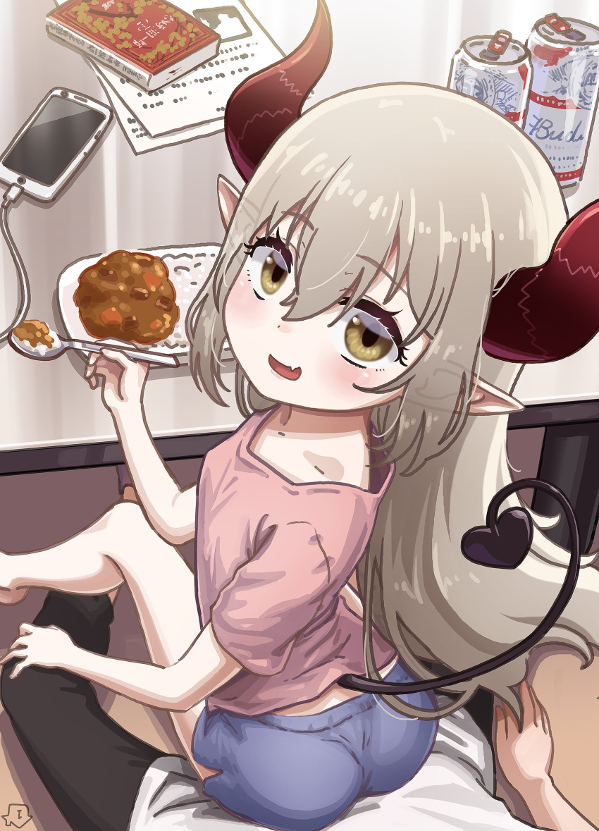 1boy 1girl ass bare_legs beer_can blush brown_eyes can cellphone curled_horns curry curry_rice demon_girl demon_horns demon_tail emma_august eyebrows_visible_through_hair eyeharmheart fang food grey_hair hair_between_eyes highres horns looking_at_viewer looking_back nijisanji open_mouth phone pointy_ears red_horns rice shirt short_shorts shorts sitting sitting_on_lap sitting_on_person skin_fang smartphone smile spoon t-shirt table tail virtual_youtuber