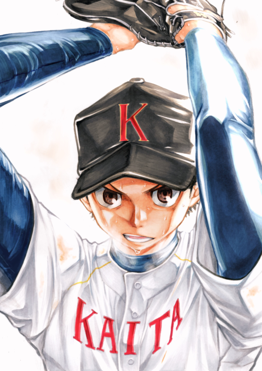 1boy arms_up baseball baseball_cap baseball_mitt black_headwear brown_eyes brown_hair character_request copyright_request hat highres long_sleeves looking_at_viewer male_focus marker_(medium) shirt simple_background sportswear sweat takechi_(22600050) traditional_media white_shirt