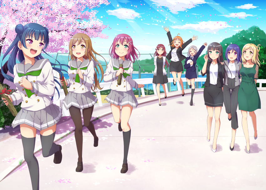 6+girls :d ahoge alternate_hair_length alternate_hairstyle arms_behind_back bangs black_dress black_footwear black_hair black_jacket black_legwear black_skirt blonde_hair blue_skirt blue_sky braid brown_hair buttons cherry_blossoms closed_eyes clouds collarbone commentary_request day diploma double_bun dress eyebrows_visible_through_hair fence future green_dress green_eyes green_neckwear grey_legwear grey_sailor_collar grey_skirt guard_rail hair_ornament hair_rings hairclip hand_on_another's_shoulder hat headwear_removed high_heels highres hill jacket jumping kunikida_hanamaru kurosawa_dia kurosawa_ruby light_rays loafers long_hair long_sleeves looking_at_viewer love_live! love_live!_sunshine!! matsuura_kanan multiple_girls necktie ocean office_lady ohara_mari open_clothes open_mouth orange_hair outdoors outstretched_arms pants pantyhose pleated_skirt purple_hair qy redhead road running sailor_collar sakurauchi_riko school_uniform shadow shirt shirt_tucked_in shoes short_sleeves sidelocks silver_hair skirt sky smile standing standing_on_one_leg suit_jacket sunbeam sunlight takami_chika thigh-highs tree tsushima_yoshiko uranohoshi_school_uniform violet_eyes watanabe_you white_footwear white_headwear white_jacket white_shirt yellow_eyes