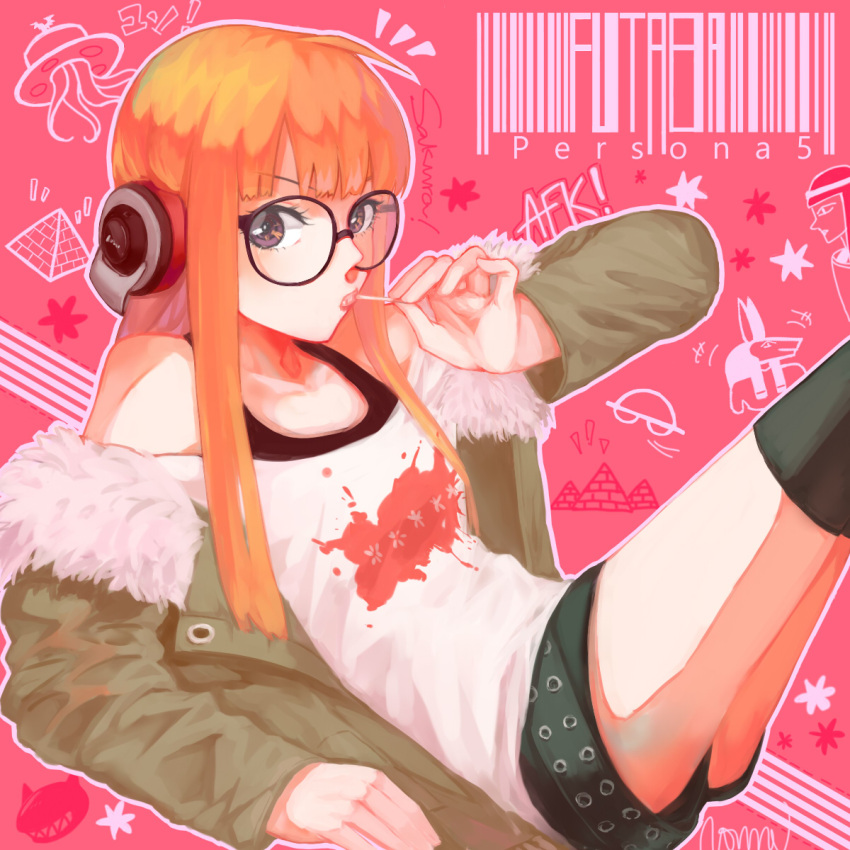 1girl ahoge arm_up bangs belt black_legwear candy eating food fur-trimmed_jacket fur_trim glasses green_jacket hand_up highres holding holding_food jacket leaning_back legs_up lollipop long_hair off-shoulder_shirt off_shoulder orange_hair patterned_background persona persona_5 pink_background pyramid sakura_futaba shirt short_shorts shorts simple_background star_(symbol) t-shirt thigh-highs towne ufo vest violet_eyes white_shirt