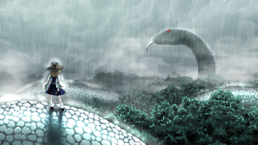 1girl animal black_footwear blonde_hair canopy clouds day facing_away forest full_body giant_snake hat highres holding holding_ring jewelry long_sleeves looking_afar looking_at_animal mishaguji moriya_suwako nature outdoors overcast oversized_animal purple_skirt purple_vest rain red_eyes ring scales skirt skirt_set snake solo standing sunyup touhou vest white_legwear wide_sleeves