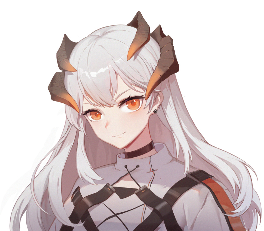 1girl air_(user_hdjj2725) arknights black_choker choker coat dragon_horns earrings eyelashes highres horns jewelry light_smile long_hair looking_at_viewer orange_eyes saria_(arknights) silver_hair simple_background solo strap upper_body white_background white_coat