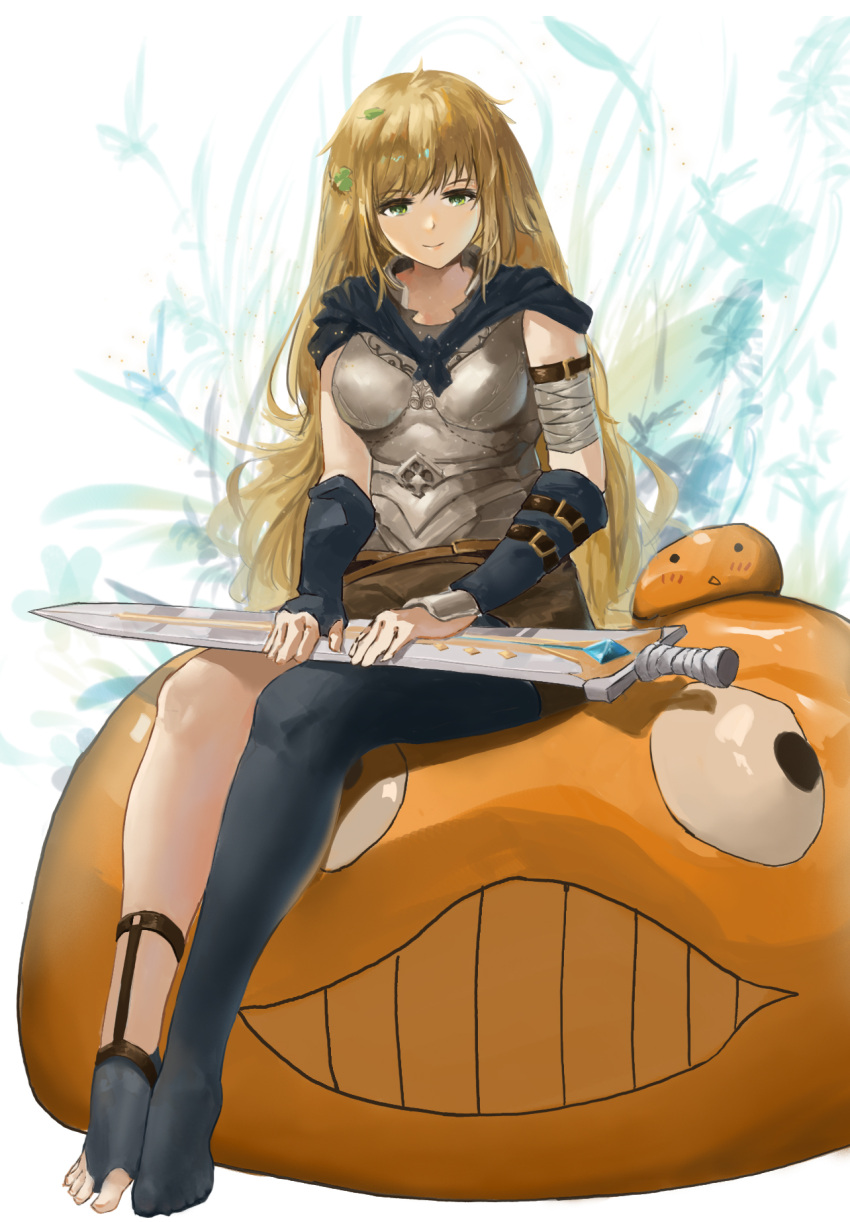 1girl armor bandages bangs blade blonde_hair blunt_bangs capelet frs future_knight green_eyes guardian_tales highres long_hair looking_at_viewer sitting smile thigh-highs weapon