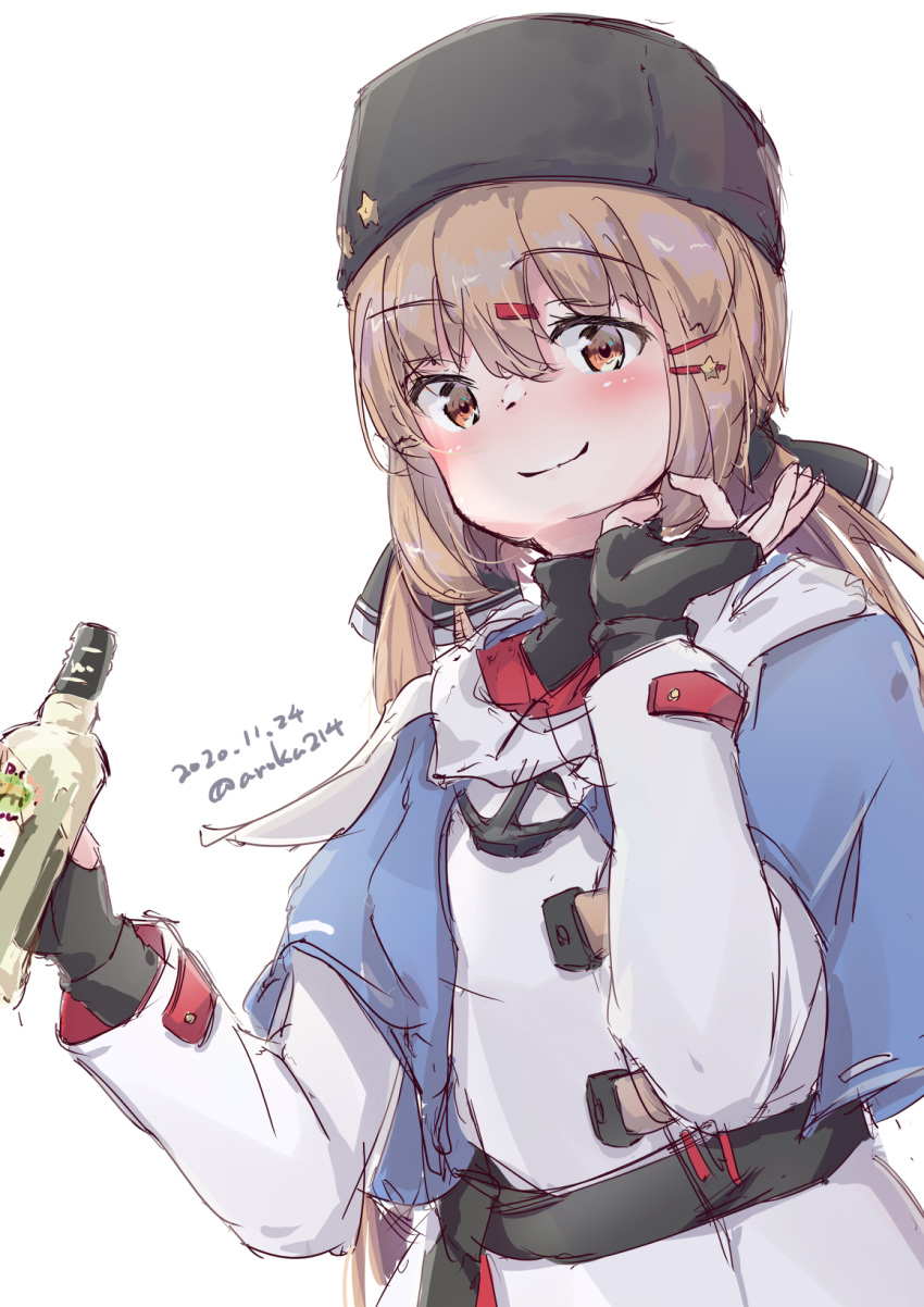 1girl alcohol anchor_necklace aruka black_bow black_gloves black_headwear blue_shawl bottle bow brown_eyes brown_hair commentary_request dated fingerless_gloves gloves hair_bow highres jacket kantai_collection long_hair low_twintails papakha ribbon_trim scarf simple_background solo star_(symbol) tashkent_(kancolle) torn_scarf twintails twitter_username upper_body vodka white_background white_jacket white_scarf