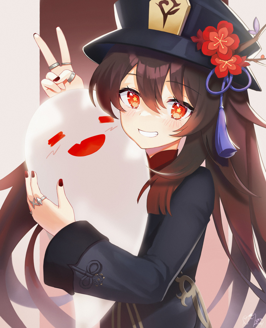 1girl bangs black_coat black_headwear blush breasts brown_hair coat flower genshin_impact ghost grin hat hat_flower highres hu_tao jewelry long_hair long_sleeves looking_at_viewer noixen plum_blossoms red_eyes ring small_breasts smile symbol-shaped_pupils twintails v very_long_hair