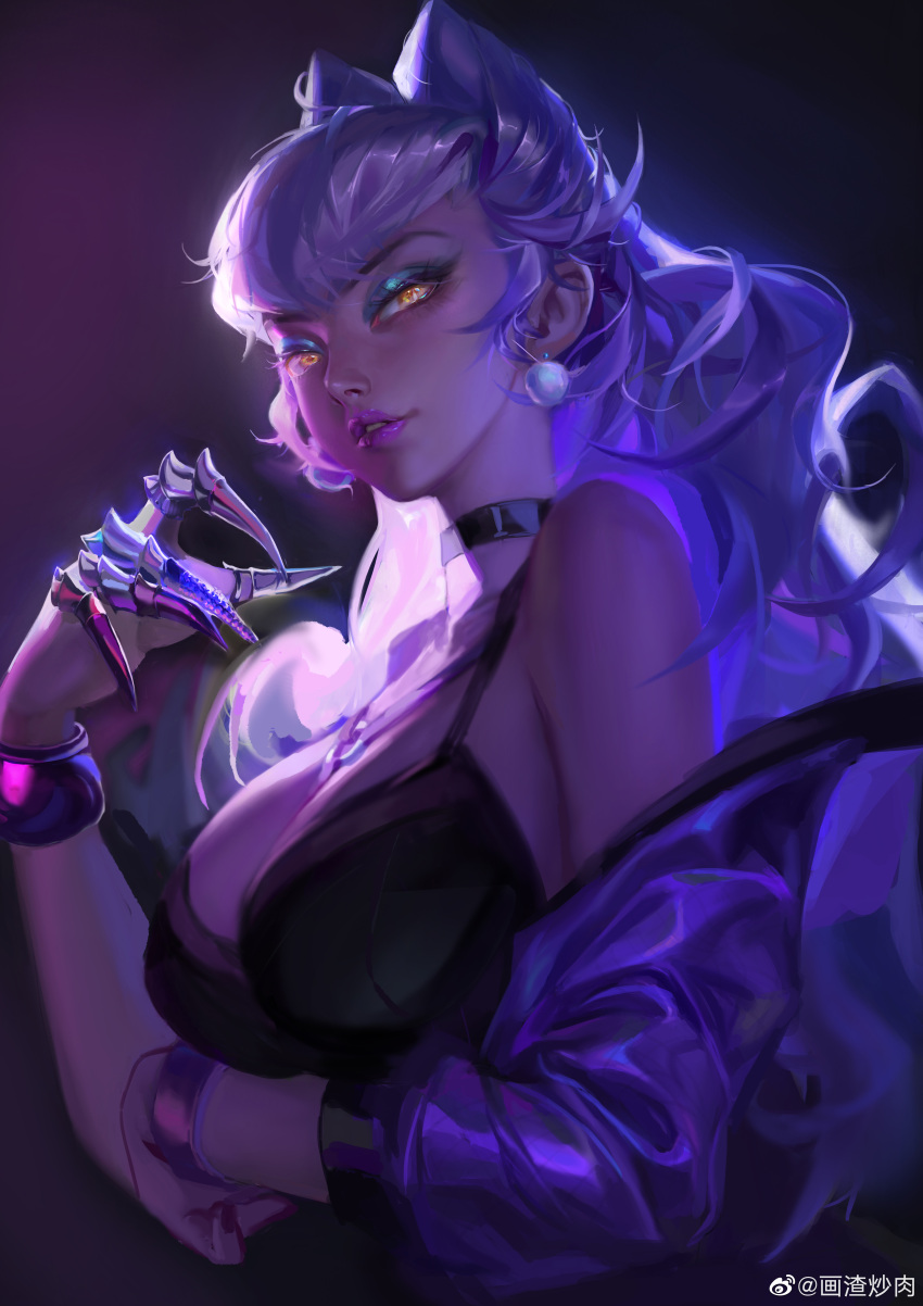 1girl absurdres choker claws cropped_jacket demon_girl earrings evelynn_(league_of_legends) highres jacket jewelry league_of_legends long_hair looking_at_viewer makeup open_clothes revealing_clothes silver_hair solo the_baddest_evelynn yellow_eyes