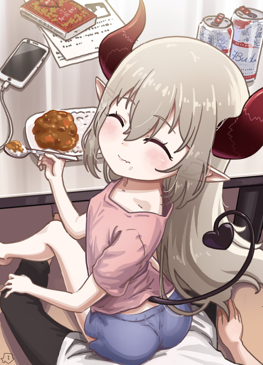 1boy 1girl ass bare_legs beer_can blush can cellphone closed_eyes curled_horns curry curry_rice demon_girl demon_horns demon_tail emma_august eyebrows_visible_through_hair eyeharmheart fang food food_on_face grey_hair hair_between_eyes highres horns looking_at_viewer looking_back nijisanji phone pointy_ears red_horns rice rice_on_face shirt short_shorts shorts sitting sitting_on_lap sitting_on_person skin_fang smartphone smile spoon t-shirt table tail virtual_youtuber