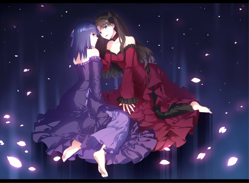 2girls alternate_costume barefoot black_hair blue_eyes choker dress fate/stay_night fate_(series) hair_ribbon highres long_hair matou_sakura multiple_girls petals purple_dress purple_hair red_dress ribbon siblings sisters tohsaka_rin twintails violet_eyes ycco_(estrella)