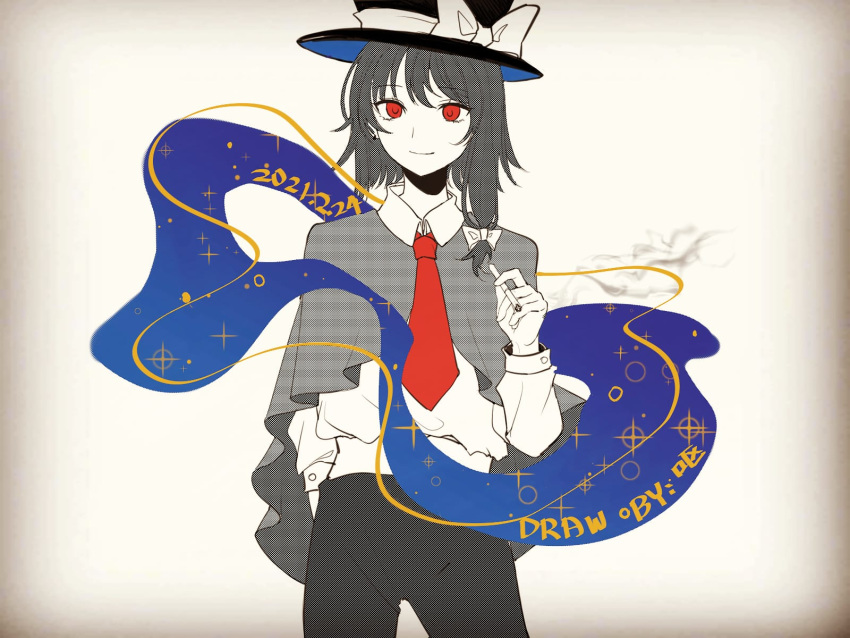 1girl arm_behind_back black_hair black_pants bow capelet cigarette closed_mouth collared_shirt cowboy_shot fedora hat hat_bow highres looking_at_viewer necktie ououren pants red_eyes red_neckwear shirt smile smoke standing tied_hair touhou usami_renko vignetting white_background white_shirt