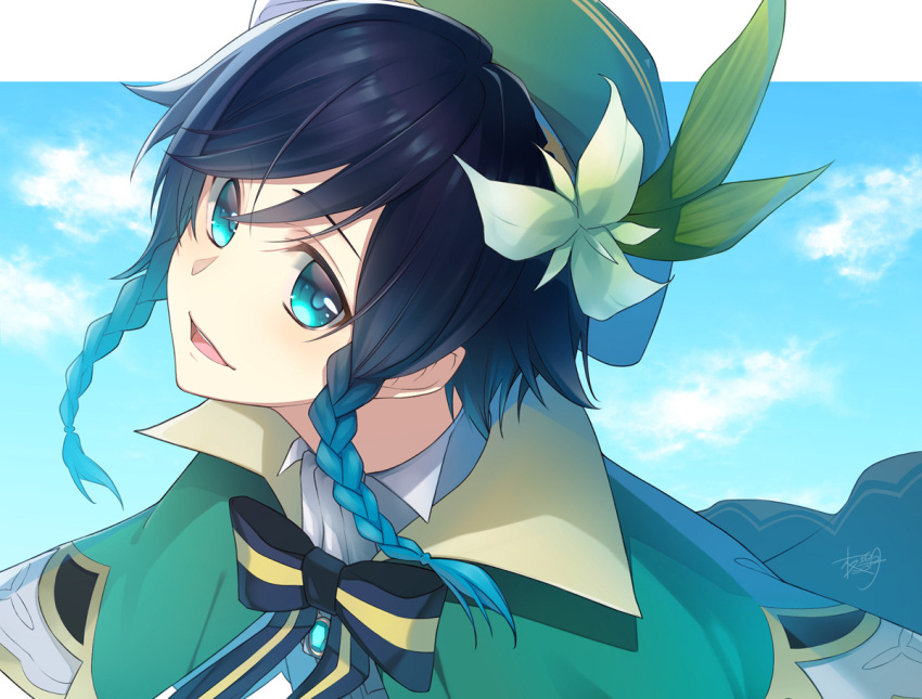 1boy androgynous bangs beret black_hair blue_hair bow braid brooch cape clouds cloudy_sky collared_cape collared_shirt day eyebrows_visible_through_hair flower gem genshin_impact gradient_hair green_eyes green_headwear hair_flower hair_ornament hat hiiragi_hekitsuki jewelry leaf looking_at_viewer male_focus multicolored_hair open_mouth outdoors shirt short_hair_with_long_locks sky smile solo twin_braids venti_(genshin_impact) white_flower white_shirt