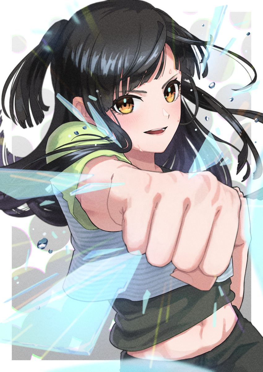 1girl :d absurdres bangs black_hair black_shorts blue_shirt blush brown_eyes commentary_request cowboy_shot crop_top eyebrows_visible_through_hair fitness_boxing green_sleeves highres huge_filesize karen_(fitness_boxing) long_hair looking_at_viewer lower_teeth midriff minami_chuyou navel one_side_up open_mouth punching punching_at_viewer shirt short_sleeves shorts sidelocks smile solo standing undershirt