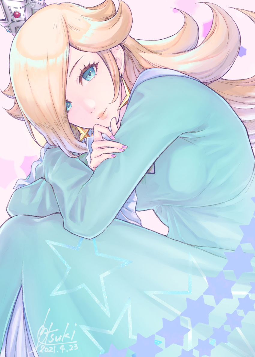 1girl absurdres artist_request bare_shoulders blonde_hair blue_eyes blush crown dress earrings hair_over_one_eye highres jewelry lips long_hair looking_at_viewer super_mario_bros. rosalina simple_background smile solo star_(symbol) star_earrings super_mario_galaxy
