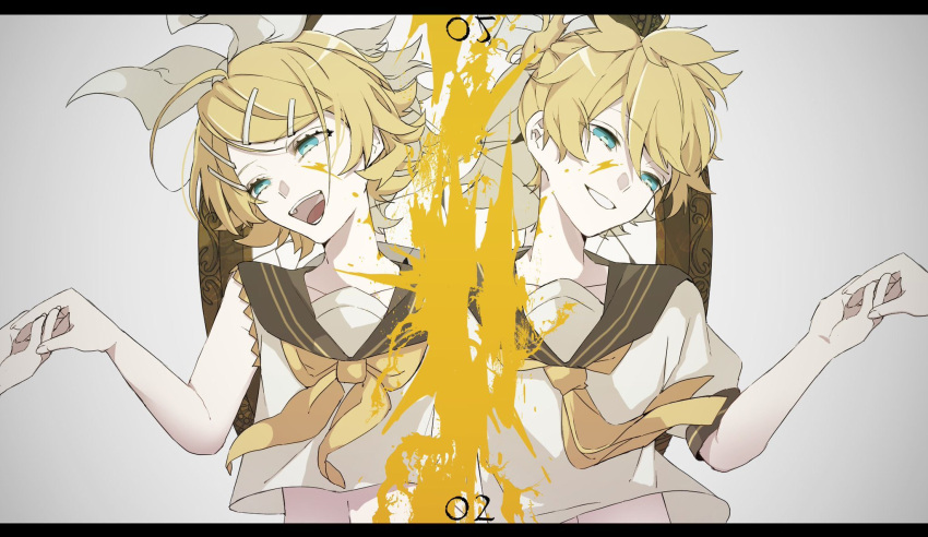 1boy 1girl bangs bare_shoulders blonde_hair blue_eyes bow collar crypton_future_media eiku grey_background hair_bow hair_ornament hairclip highres holding_hands kagamine_len kagamine_rin letterboxed looking_at_viewer midriff_peek navel neckerchief open_mouth parted_lips piapro sailor_collar shirt short_hair short_sleeves sleeveless sleeveless_shirt smile upper_body vocaloid white_bow white_shirt yellow_neckwear