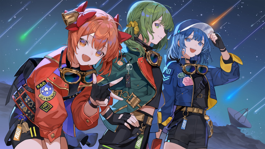 3girls :d absurdres backpack bag bell black_bag black_choker black_gloves black_shorts blue_eyes blue_hair blue_jacket bow choker chyoel copyright_request fang fingerless_gloves gloves goggles goggles_around_neck green_eyes green_hair green_jacket hair_bell hair_bow hair_ornament hand_on_headwear hand_up highres jacket leaning_forward looking_at_viewer medium_hair multiple_girls night night_sky open_clothes open_jacket open_mouth orange_eyes orange_hair orange_jacket outdoors red_bow shooting_star short_shorts shorts sky smile w wristband yellow_belt