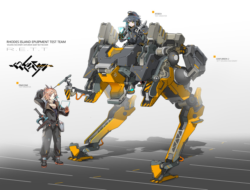 2girls absurdres animal_ears arknights black_hair cat_ears english_text highres jessica_(arknights) jumpsuit mechanical_arms mechanical_legs multiple_girls paw_pose pilot_suit pinecone_(arknights) pink_hair robot shinnasuka025 touchscreen