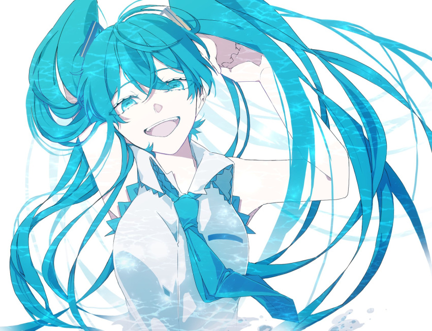 1girl :d arms_up bangs bare_shoulders blue_eyes blue_hair blue_neckwear crypton_future_media eiku floating_hair hair_between_eyes hatsune_miku highres interlocked_fingers long_hair looking_at_viewer necktie open_mouth piapro shirt sleeveless sleeveless_shirt smile solo twintails upper_body very_long_hair vocaloid white_background white_shirt