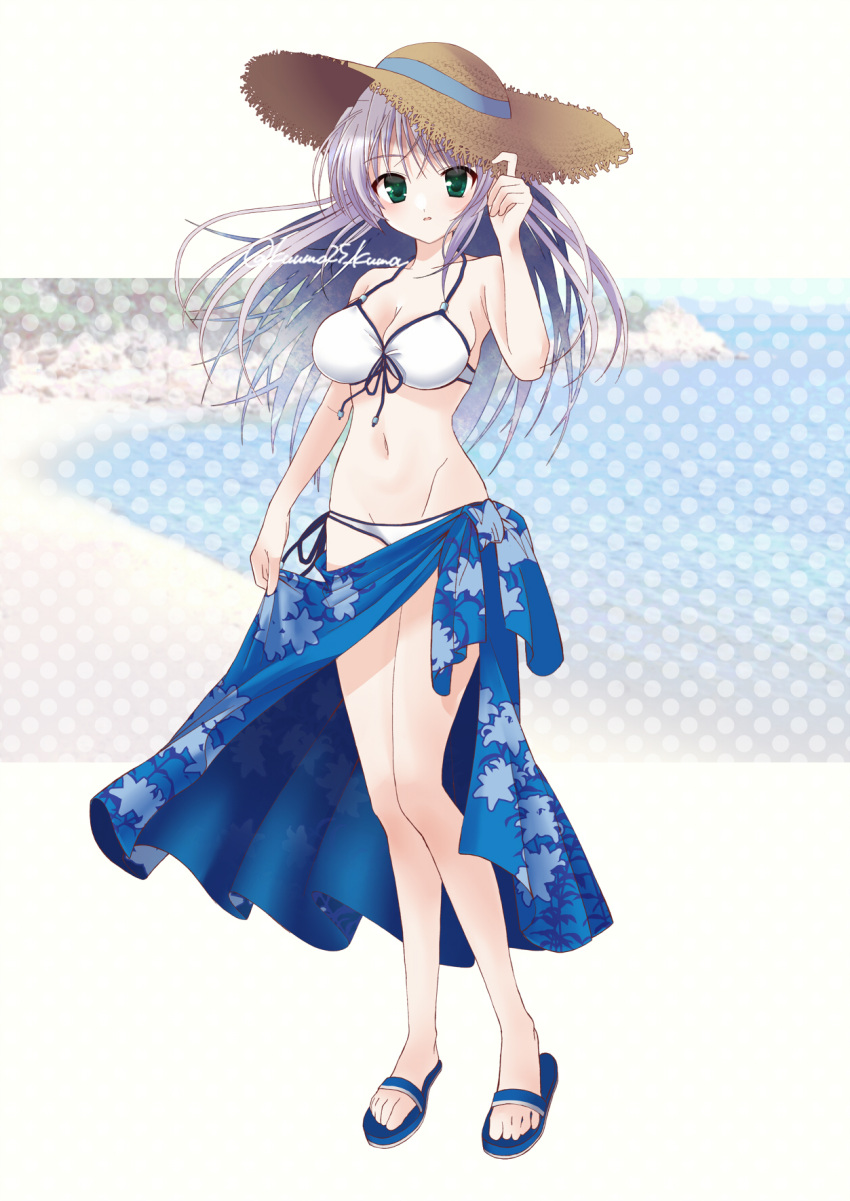 1girl adjusting_clothes adjusting_headwear arm_at_side arm_up bangs bikini blue_footwear blue_sarong breasts brown_headwear collarbone commentary_request eyebrows_visible_through_hair feena_fam_earthlight front-tie_top full_body green_eyes groin hat highres kuuma25_kuma large_breasts light_purple_hair long_hair looking_at_viewer navel parted_lips polka_dot polka_dot_background print_sarong sandals sarong solo standing stomach straw_hat swimsuit twitter_username white_bikini yoake_mae_yori_ruri_iro_na