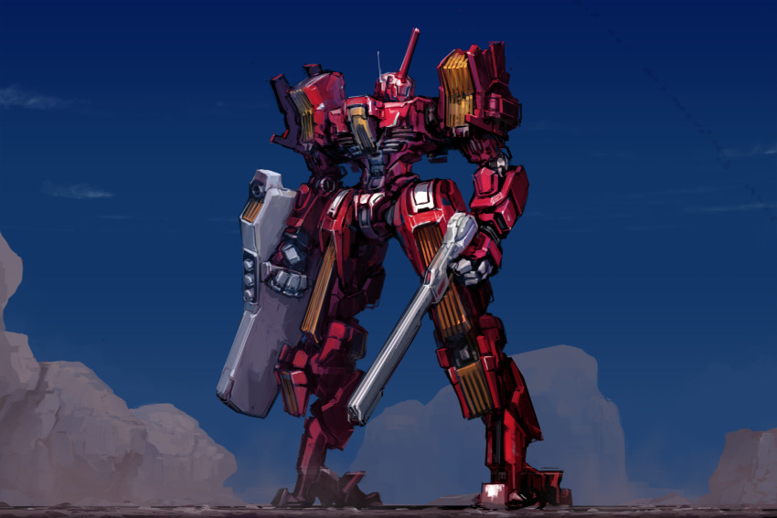 gun highres holding holding_gun holding_shield holding_weapon ksenolog looking_to_the_side mecha mountain no_humans original red_eyes science_fiction shield solo standing weapon