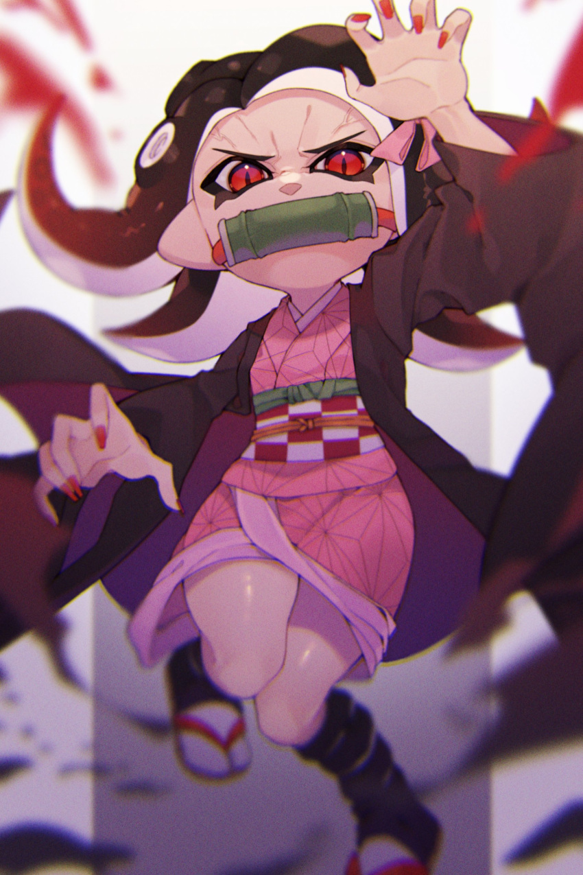 1girl absurdres action asa_no_ha_(pattern) bamboo bit_gag black_hair black_haori checkered_obi fingernails fusion gag glaring gradient_hair hair_ribbon haori highres japanese_clothes kamado_nezuko kimetsu_no_yaiba kimono leg_wrap long_hair long_sleeves looking_at_viewer makeup mascara motion_blur multicolored_hair obi octoling pink_kimono pink_ribbon pointy_ears prat_rat red_eyes red_nails redhead ribbon sandals sash sharp_fingernails short_kimono slit_pupils solo splatoon_(series) standing standing_on_one_leg suction_cups tabi tentacle_hair v-shaped_eyes white_legwear