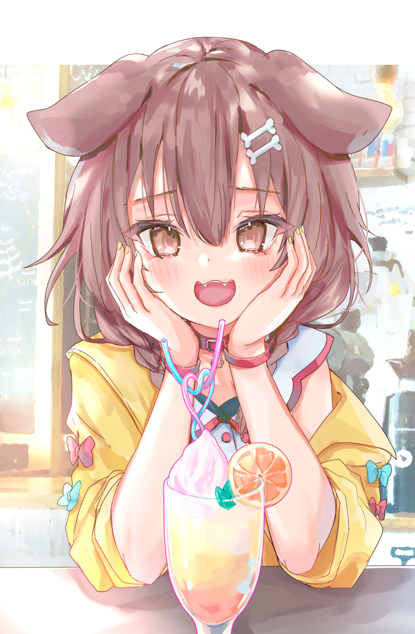 1girl :3 :d absurdres animal_collar animal_ears bangs blue_bow blush bone_hair_ornament bow braid brown_eyes brown_hair collar commentary crazy_straw cup dog_ears dog_girl drinking_straw eyebrows_visible_through_hair fangs fingernails food fruit hair_ornament hands_on_own_cheeks hands_on_own_face head_rest heart_straw highres hololive inugami_korone jacket long_hair looking_at_viewer nail_polish off_shoulder open_mouth orange_(food) orange_slice red_bow red_collar shin_murasame smile solo tropical_drink twin_braids virtual_youtuber wristband yellow_jacket yellow_nails