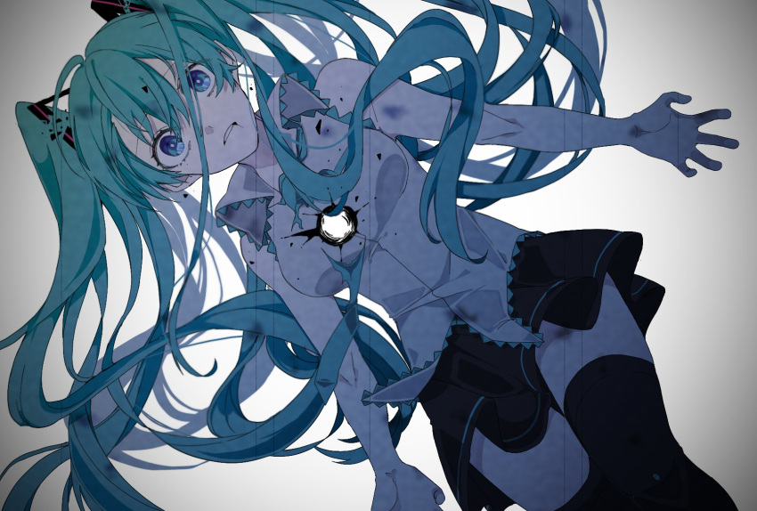 1girl aqua_hair bare_shoulders black_legwear black_skirt blue_eyes breasts bullet_hole crypton_future_media eiku floating_hair grey_background hair_between_eyes hair_ornament hatsune_miku highres long_hair looking_at_viewer parted_lips piapro pleated_skirt shirt skirt sleeveless sleeveless_shirt solo thigh-highs twintails very_long_hair vocaloid zettai_ryouiki