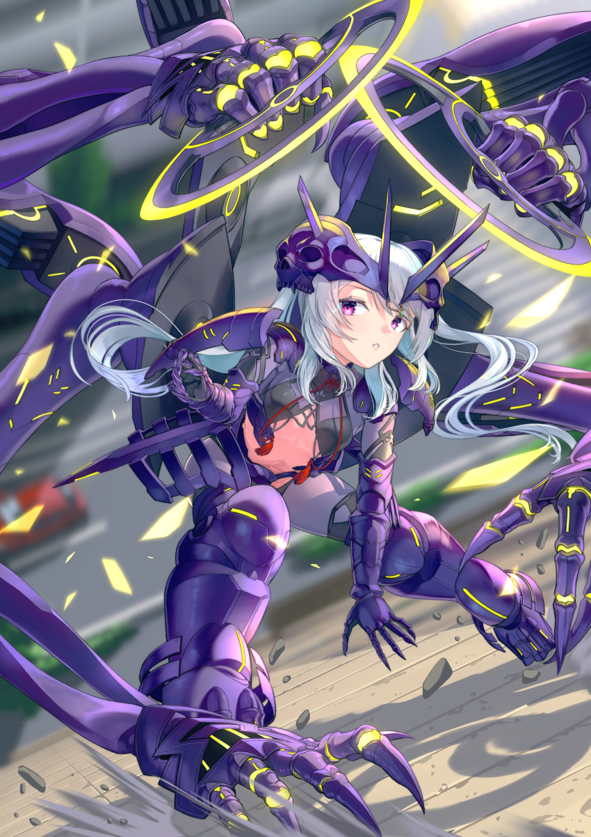 1girl absurdres armor armored_boots bangs black_legwear blurry blurry_background bodysuit boots breasts car commentary_request crop_top extra_arms faulds full_body gauntlets ground_vehicle hair_between_eyes headgear highres holding holding_weapon long_hair looking_at_viewer mecha_musume mechanical_arms midriff morisaki_jiro motor_vehicle navel original outdoors parted_lips purple_armor purple_bodysuit road shadow shoulder_armor sidelocks silver_hair skull small_breasts solo street tassel thigh-highs twintails violet_eyes weapon