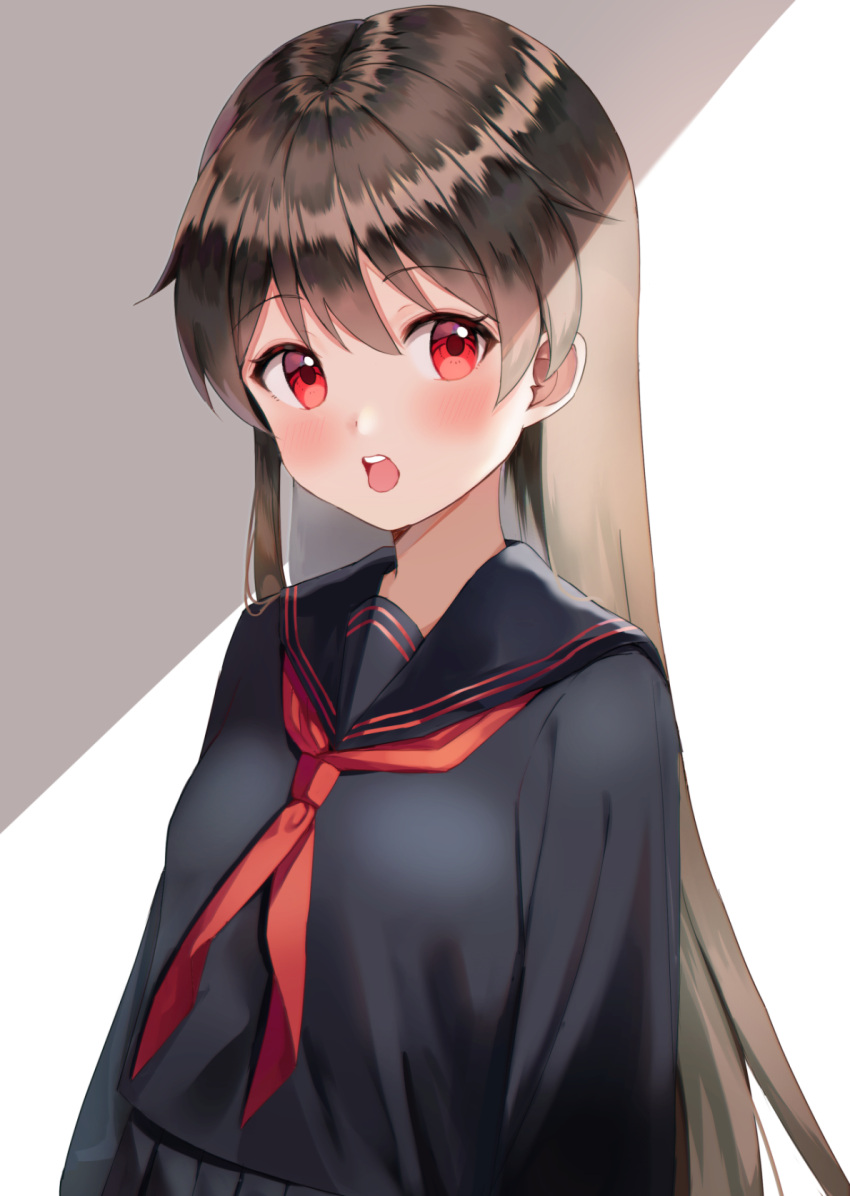 1girl bangs black_hair black_sailor_collar black_serafuku black_shirt black_skirt blush commentary eyebrows_visible_through_hair grey_background hair_between_eyes highres kubong long_hair looking_at_viewer neckerchief open_mouth original pleated_skirt red_eyes red_neckwear revision sailor_collar school_uniform serafuku shirt skirt solo tongue tongue_out two-tone_background upper_teeth very_long_hair white_background