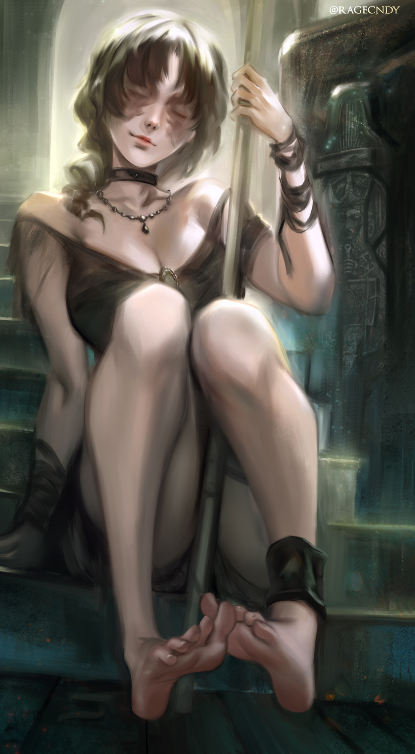 1girl absurdres barefoot black_choker black_clothes black_hair breasts candle_wax choker covered_eyes demon's_souls feet highres holding holding_staff jewelry lips maiden_in_black necklace nose pink_lips ragecndy sitting sitting_on_stairs soles souls_(from_software) staff stairs