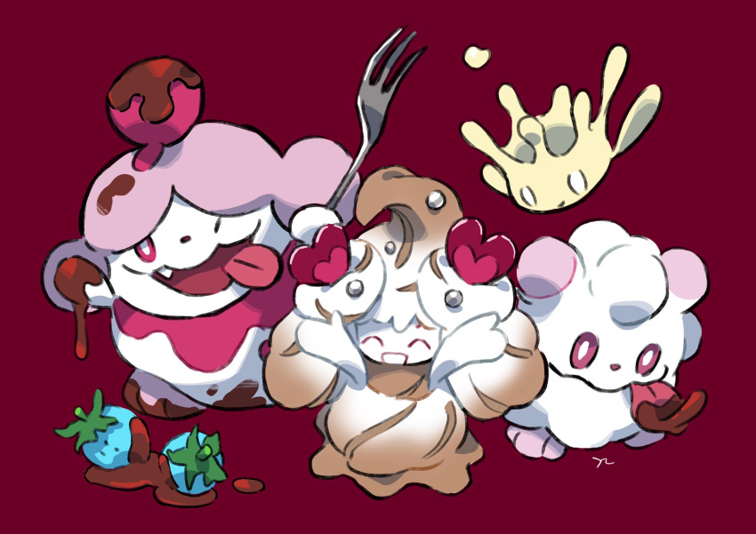0_0 alcremie berry chocolate closed_mouth commentary_request fang fork gen_6_pokemon gen_8_pokemon hemhemhoo highres holding holding_fork looking_at_viewer milcery one_eye_closed open_mouth pokemon pokemon_(creature) red_background simple_background slurpuff smile swirlix tongue tongue_out