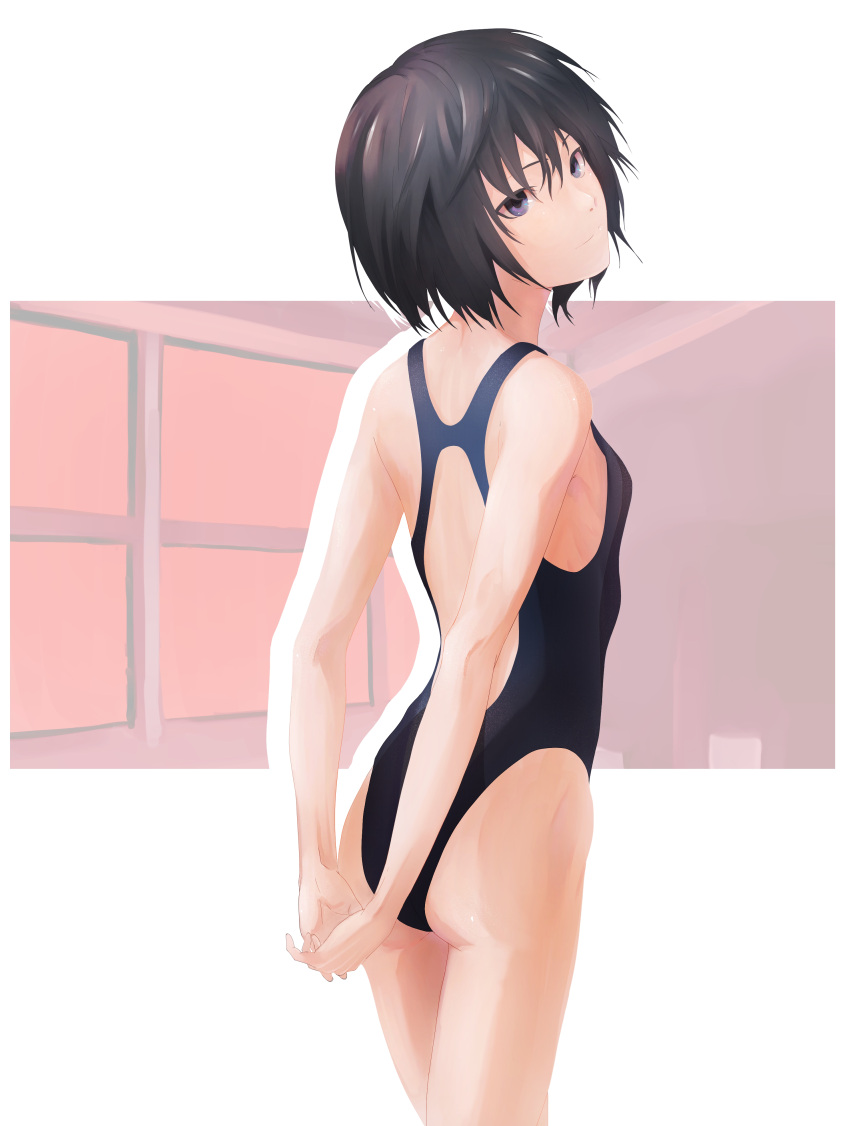 1girl absurdres amagami arms_behind_back ass back_cutout bangs bkhayatej black_hair black_swimsuit blue_eyes blue_swimsuit breasts closed_eyes clothing_cutout commentary competition_swimsuit cowboy_shot eyebrows eyebrows_behind_hair from_behind hair_between_eyes highleg highleg_swimsuit highres looking_at_viewer messy_hair nanasaki_ai one-piece_swimsuit outside_border short_hair small_breasts smile standing swimsuit thighs two-tone_swimsuit window