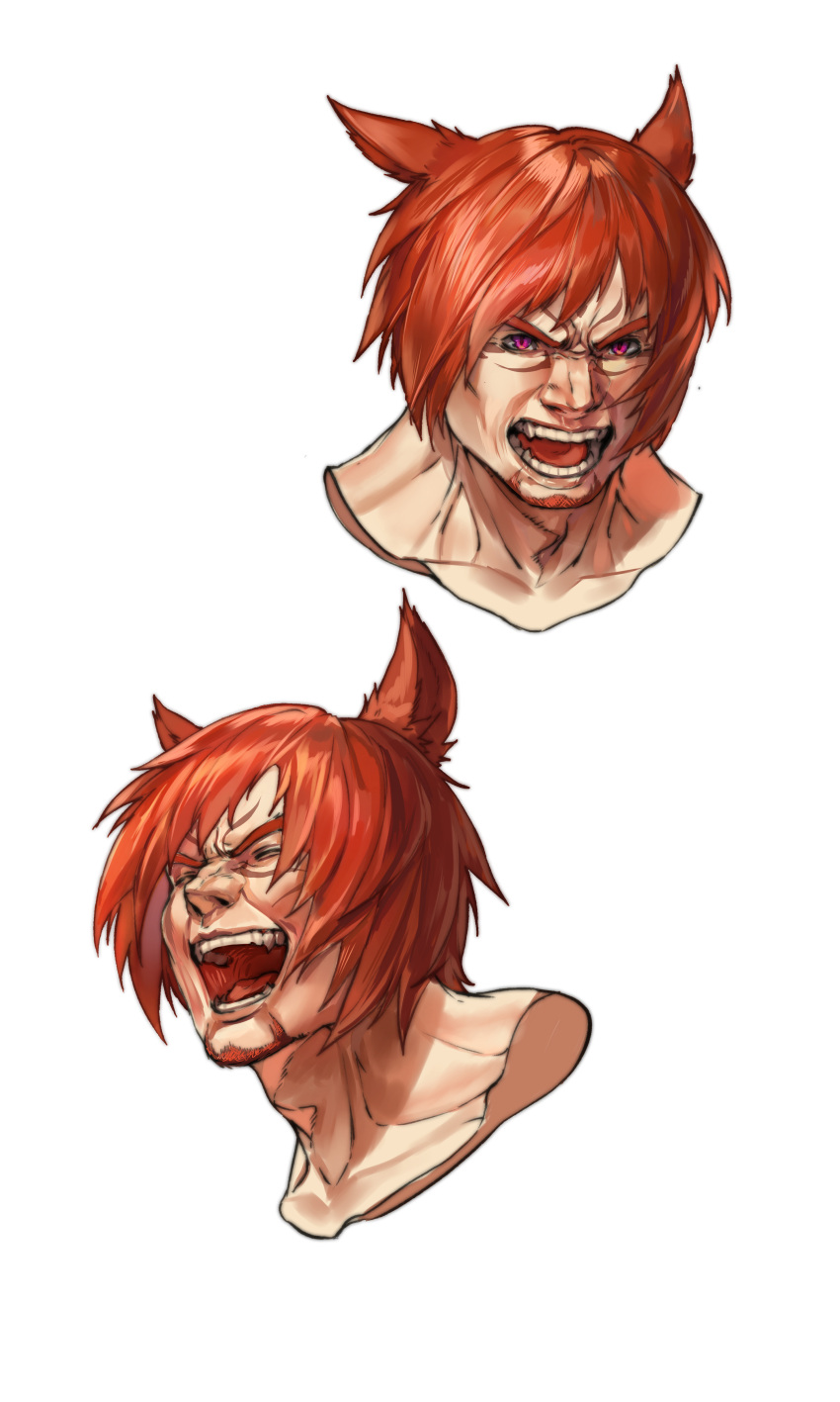 1boy absurdres anger_vein animal_ears avatar_(ff14) bangs cat_ears closed_eyes collarbone commentary commission cropped_shoulders english_commentary facial_hair facial_mark final_fantasy final_fantasy_xiv furrowed_brow highres laughing male_focus miqo'te multiple_views open_mouth portrait redhead seneka_grafika short_hair simple_background stubble teeth toned toned_male tongue veins violet_eyes white_background