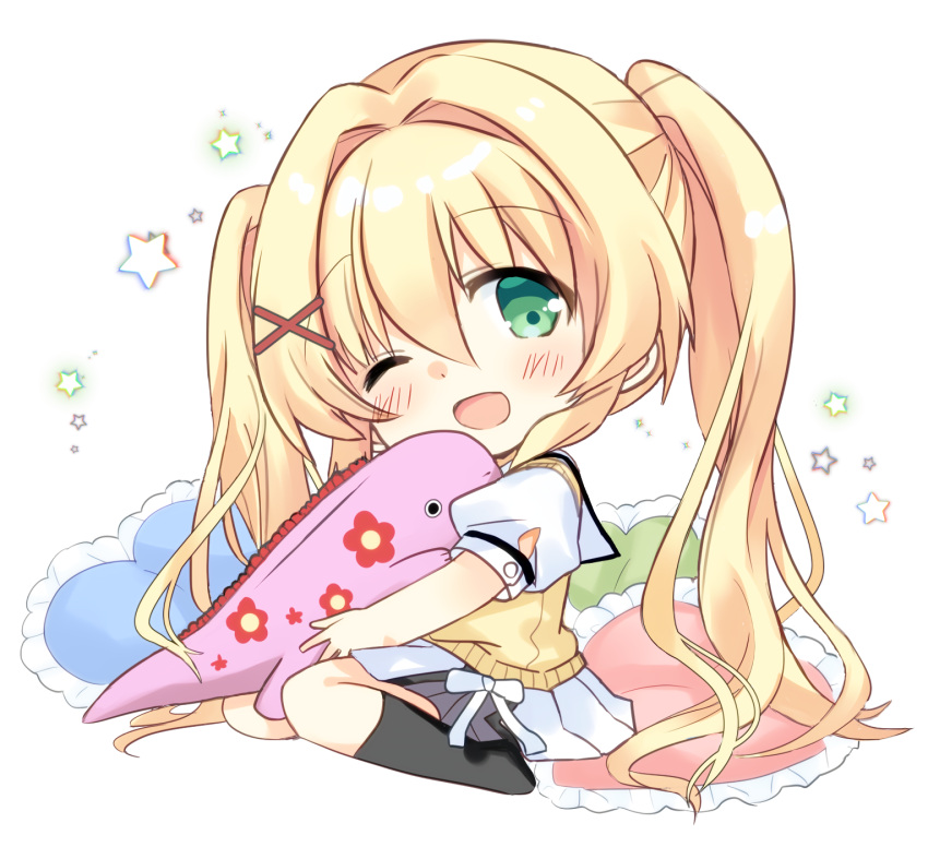 1girl ;d bangs black_legwear blonde_hair blush chibi commentary_request eyebrows_visible_through_hair frilled_pillow frills full_body green_eyes hair_between_eyes hair_ornament heart heart_pillow highres hizuki_yayoi looking_at_viewer no_shoes one_eye_closed open_mouth pillow pleated_skirt puffy_short_sleeves puffy_sleeves sailor_collar school_uniform serafuku shirt short_sleeves simple_background sitting skirt smile socks solo starry_background summer_pockets sweater_vest tsumugi_wenders twintails wariza white_background white_sailor_collar white_shirt white_skirt x_hair_ornament