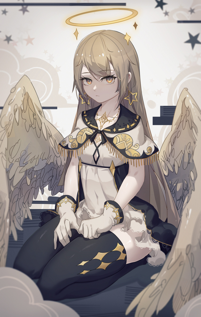 1girl absurdres angel angel_wings bangs black_legwear blonde_hair breasts capelet chinese_commentary commentary_request dress earrings eyebrows_visible_through_hair feathered_wings gloves halo hands_on_own_thighs highres huge_filesize jewelry long_hair looking_at_viewer orange_eyes original seiza sidelocks sitting small_breasts solo star_(symbol) star_earrings thigh-highs very_long_hair white_capelet white_dress white_gloves white_wings wings yuk233