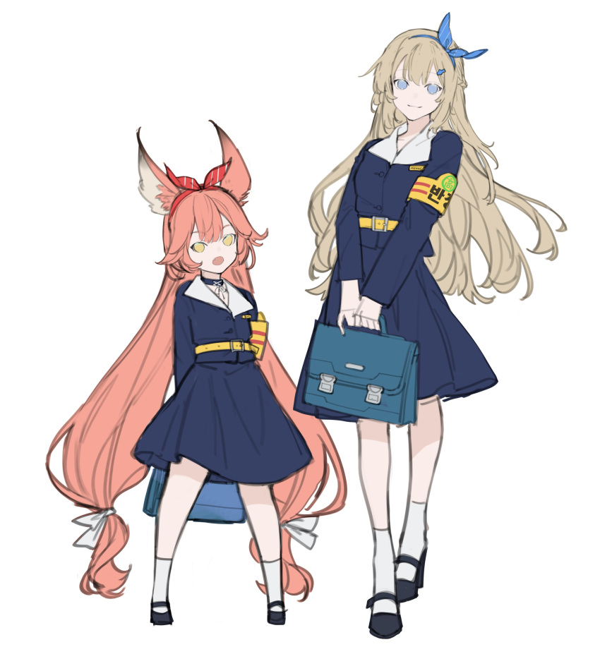 2girls absurdres animal_ears armband bag belt black_choker black_footwear blonde_hair blue_dress blue_eyes blue_hairband bow bow_hairband choker chyoel closed_mouth copyright_request dress fang hair_bow hairband height_difference high_heels highres holding holding_bag holding_suitcase legs_apart long_hair long_sleeves looking_at_viewer low-tied_long_hair low_twintails multiple_girls open_mouth orange_hair red_bow red_hairband school_uniform shoes simple_background sketch skin_fang smile socks suitcase twintails very_long_hair white_background white_legwear yellow_belt