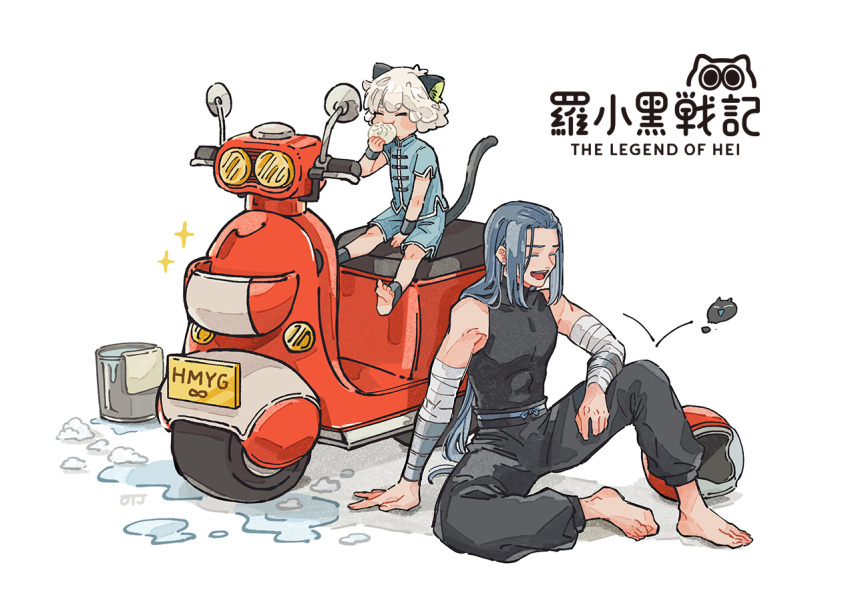 2boys animal_ears bandaged_arm bandages barefoot black_pants black_shirt cat_boy cat_ears cat_tail child chinese_clothes closed_eyes copyright_name eating grey_hair ground_vehicle long_hair luoxiaohei motor_vehicle multiple_boys open_mouth otjmohu pants scooter shadow shirt short_hair sitting sleeveless sleeveless_shirt tail the_legend_of_luo_xiaohei white_background white_hair wide_shot wuxian_(the_legend_of_luoxiaohei)